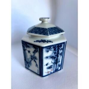 Vintage Made in Japan Blue White Ceramic Lidded Jar Bamboo